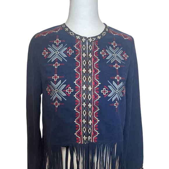 Flying Tomato Blue Faux Suede Southwestern Jacket Fringe Embroidered Small Aztec - Picture 2 of 16